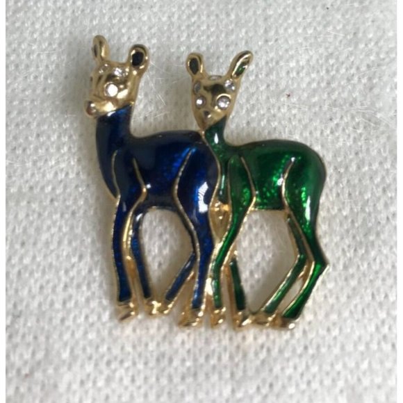 Estate Jewelry - Blue & Green Enamel Deer Brooch with Gold Tone Accents - Vintage - 1 1/8"